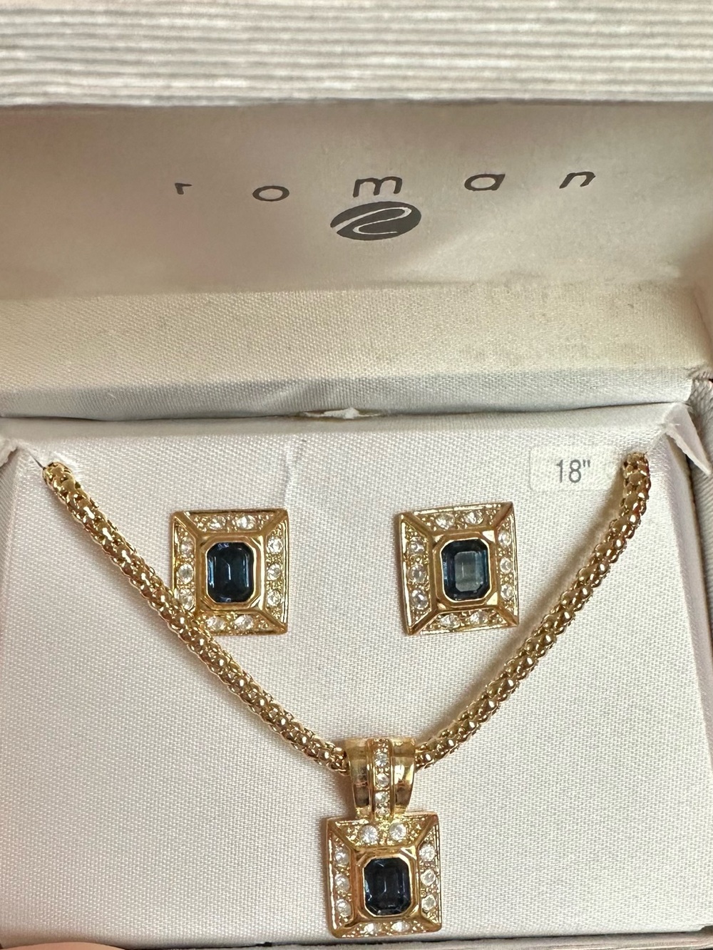 Roman Gold-Tone Necklace & Earrings Set with Blue Stones